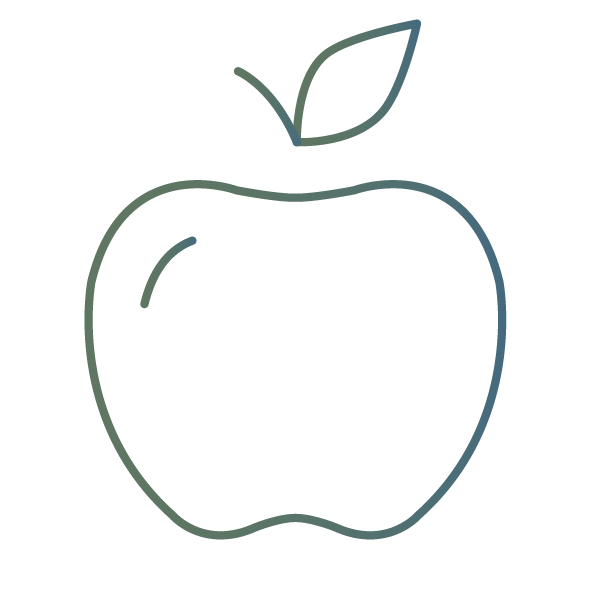 Outline of an apple with a leaf on a white background