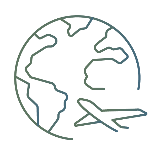 Outline of a globe with an airplane flying around it on a white background