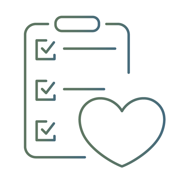 Icon of a checklist with a heart symbol on a white background