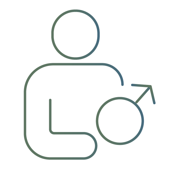 Outline of a person with a male symbol and an arrow pointing to it on a white background