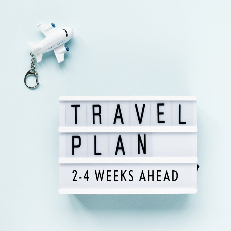 Lightbox with 'TRAVEL PLAN 2-4 WEEKS AHEAD' text and a small airplane model on a light blue background
